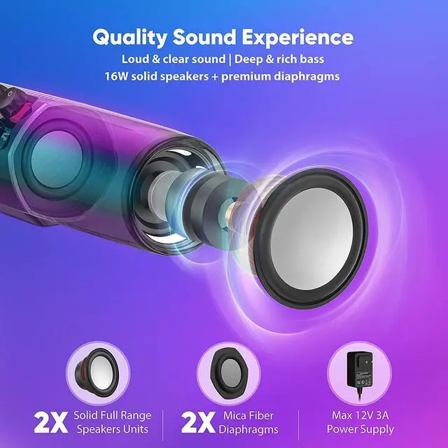 Alt view image 2 of 6 - Computer Speakers, 14" Dynamic RGB Gaming PC Speakers Soundbar Desktop Bluetooth, 16W PC Monitor Sound bar with Subwoofer, Stereo Speaker DC12V Powered 3.5mm AUX for Laptop Tablet