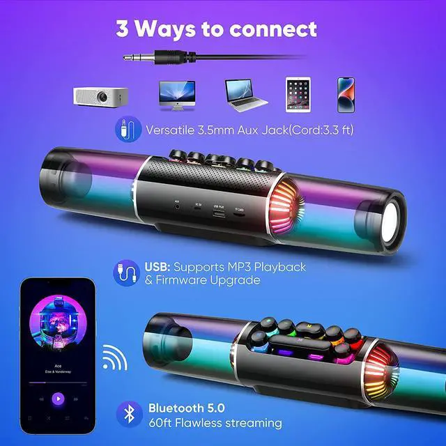 Alt view image 4 of 6 - Computer Speakers, 14" Dynamic RGB Gaming PC Speakers Soundbar Desktop Bluetooth, 16W PC Monitor Sound bar with Subwoofer, Stereo Speaker DC12V Powered 3.5mm AUX for Laptop Tablet