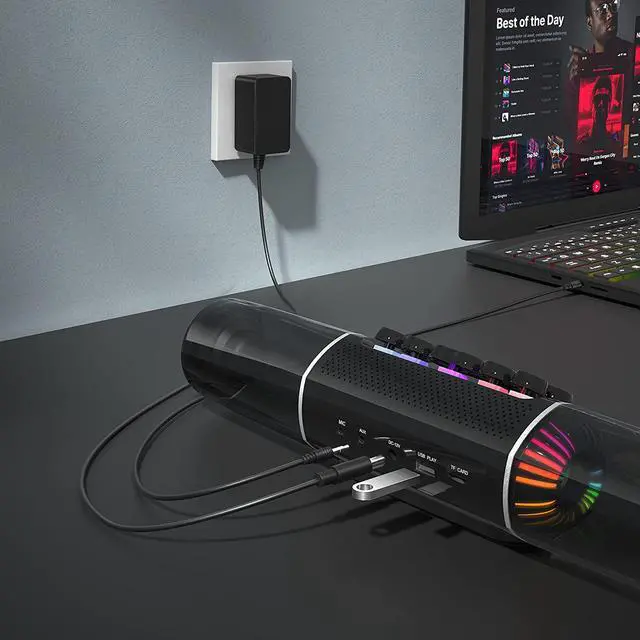 Alt view image 6 of 6 - Computer Speakers, 14" Dynamic RGB Gaming PC Speakers Soundbar Desktop Bluetooth, 16W PC Monitor Sound bar with Subwoofer, Stereo Speaker DC12V Powered 3.5mm AUX for Laptop Tablet