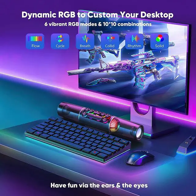 Alt view image 3 of 6 - Computer Speakers, 14" Dynamic RGB Gaming PC Speakers Soundbar Desktop Bluetooth, 16W PC Monitor Sound bar with Subwoofer, Stereo Speaker DC12V Powered 3.5mm AUX for Laptop Tablet