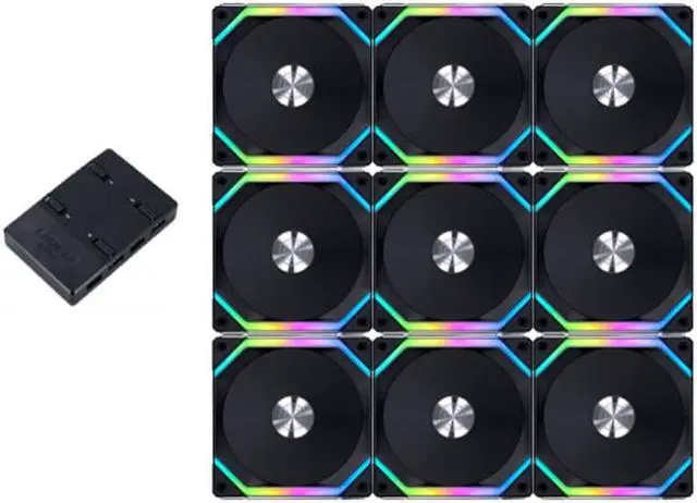 Main image of 9Pack - UNI FAN SL120 V2 RGB Revolutionized Daisy-Chain ARGB Fan 120mm case fan w/controller - Black