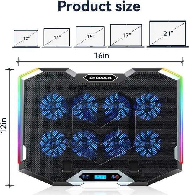 Alt view image 7 of 7 - Gaming Laptop Cooling Pad with 8 Cooling Fans, RGB Laptop Fan Cooling Pad 15-17.3 Inch, Laptop Cooler Stand with 6 Height Adjustable, Cooling Pad for Laptop with Two USB Port + Phone Stand