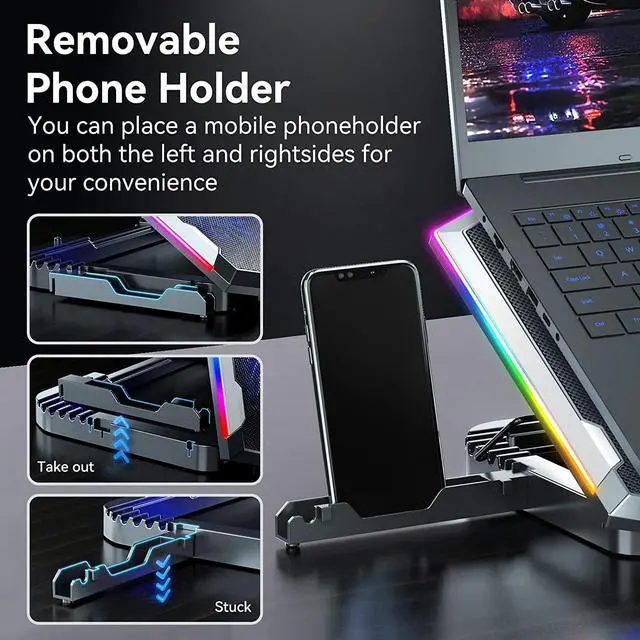 Alt view image 5 of 7 - Gaming Laptop Cooling Pad with 8 Cooling Fans, RGB Laptop Fan Cooling Pad 15-17.3 Inch, Laptop Cooler Stand with 6 Height Adjustable, Cooling Pad for Laptop with Two USB Port + Phone Stand