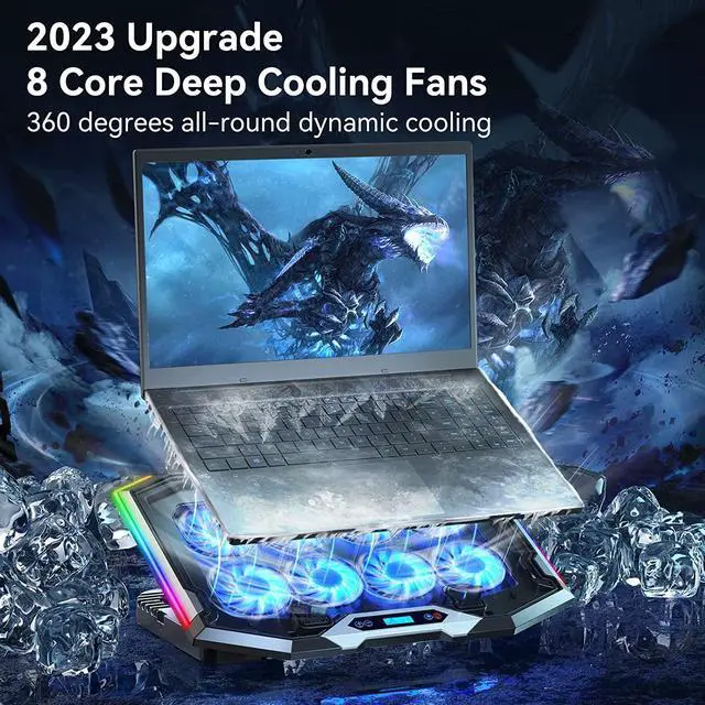 Alt view image 2 of 7 - Gaming Laptop Cooling Pad with 8 Cooling Fans, RGB Laptop Fan Cooling Pad 15-17.3 Inch, Laptop Cooler Stand with 6 Height Adjustable, Cooling Pad for Laptop with Two USB Port + Phone Stand