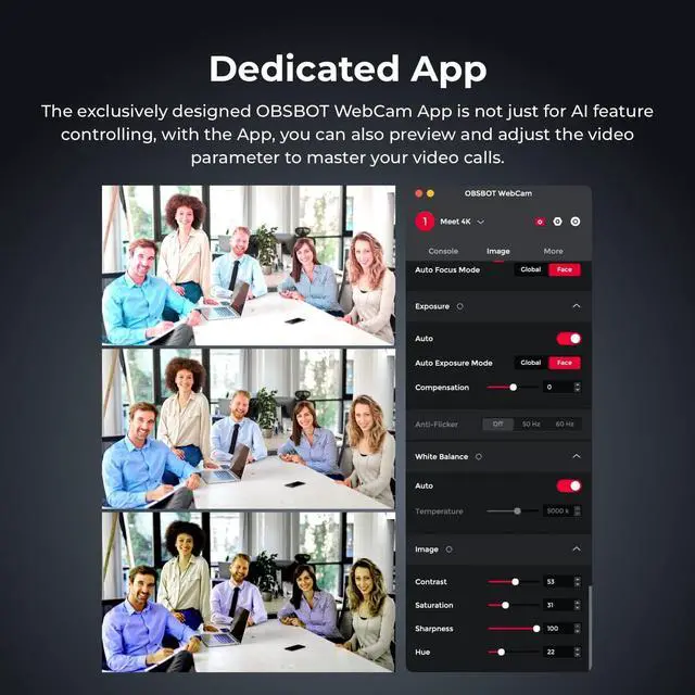 Alt view image 6 of 7 - OBSBOT Meet 4K Webcam, AI-Powered Auto Framing, HDR, 4X Zoom, Computer Camera for Streaming, Web Camera with Microphone, Blur Background and Background Replacement, Zoom Certified