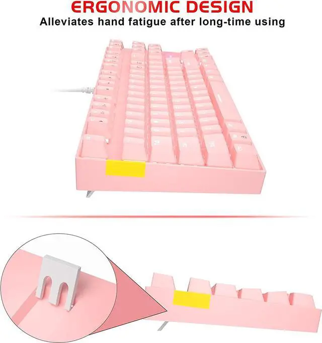 Alt view image 5 of 6 - Mechanical Gaming Keyboard and Mouse Combo & Large Mouse Pad,Mechanical Keyboard 87 Keys Small Compact LED Backlit - Wired USB Gaming Keyboard with Blue Switches, for Windows Pink White Light