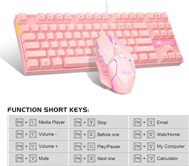 Alt view image 4 of 6 - Mechanical Gaming Keyboard and Mouse Combo & Large Mouse Pad,Mechanical Keyboard 87 Keys Small Compact LED Backlit - Wired USB Gaming Keyboard with Blue Switches, for Windows Pink White Light