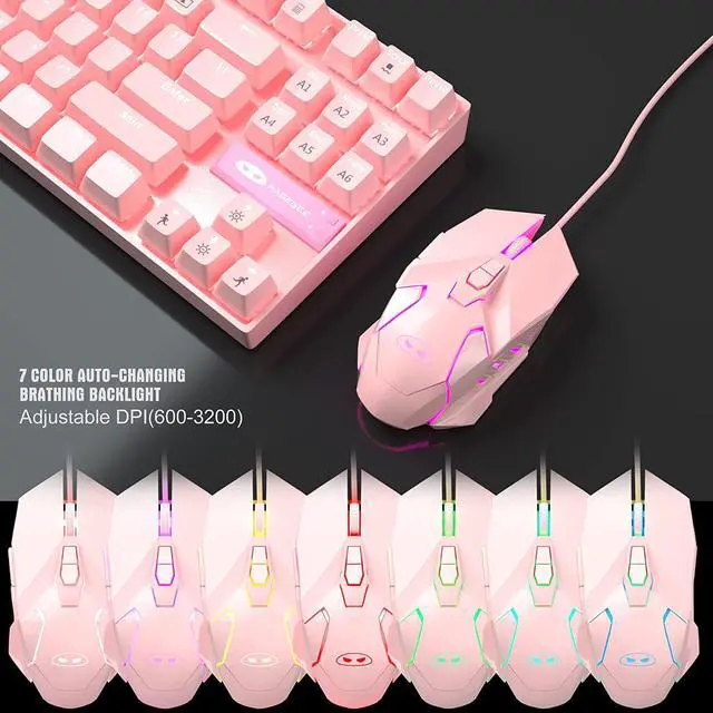 Alt view image 2 of 6 - Mechanical Gaming Keyboard and Mouse Combo & Large Mouse Pad,Mechanical Keyboard 87 Keys Small Compact LED Backlit - Wired USB Gaming Keyboard with Blue Switches, for Windows Pink White Light