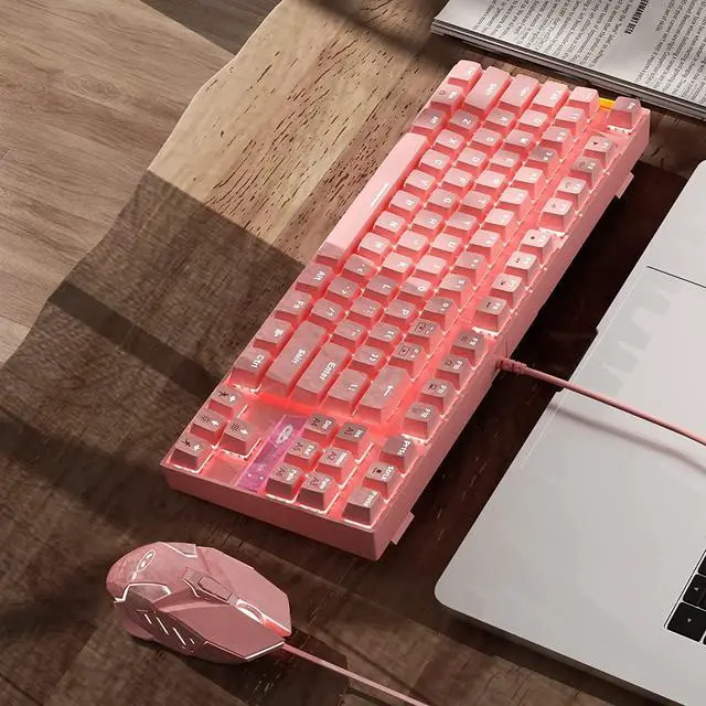 Alt view image 6 of 6 - Mechanical Gaming Keyboard and Mouse Combo & Large Mouse Pad,Mechanical Keyboard 87 Keys Small Compact LED Backlit - Wired USB Gaming Keyboard with Blue Switches, for Windows Pink White Light