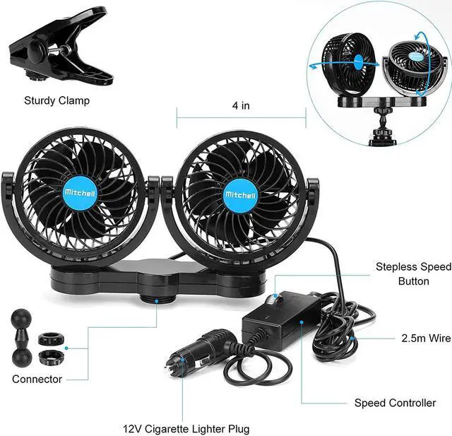 Alt view image 5 of 7 - 12V Car Clip Fans, Adjustable Dual Head Clip Fan 360° Rotatable Cooling Air Fan, 4'' Electric Auto Car Fans with Cigarette Lighter Plug for Vehicles, RV, SUV