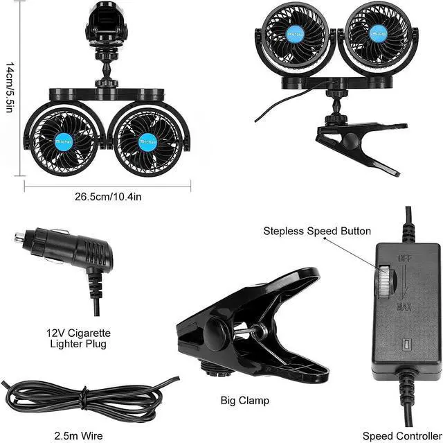 Alt view image 4 of 7 - 12V Car Clip Fans, Adjustable Dual Head Clip Fan 360° Rotatable Cooling Air Fan, 4'' Electric Auto Car Fans with Cigarette Lighter Plug for Vehicles, RV, SUV