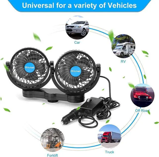 Alt view image 2 of 7 - 12V Car Clip Fans, Adjustable Dual Head Clip Fan 360° Rotatable Cooling Air Fan, 4'' Electric Auto Car Fans with Cigarette Lighter Plug for Vehicles, RV, SUV