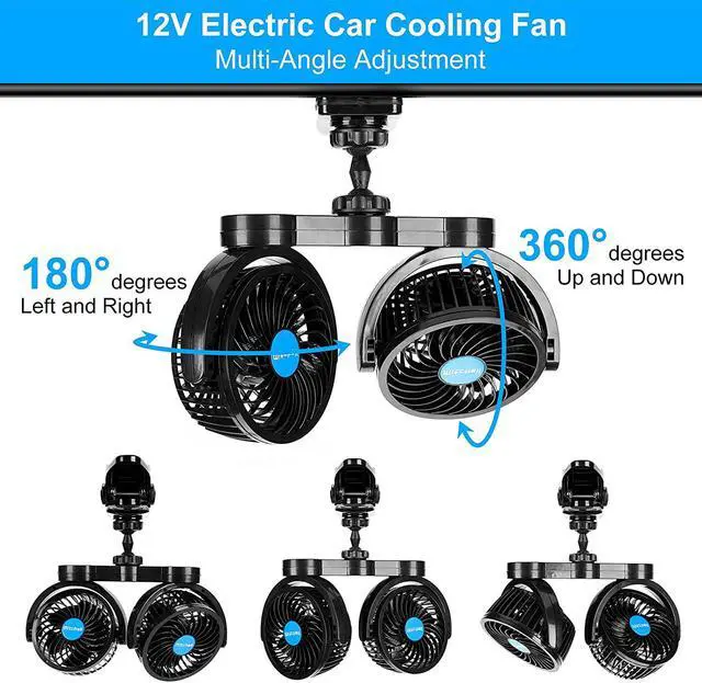 Alt view image 3 of 7 - 12V Car Clip Fans, Adjustable Dual Head Clip Fan 360° Rotatable Cooling Air Fan, 4'' Electric Auto Car Fans with Cigarette Lighter Plug for Vehicles, RV, SUV
