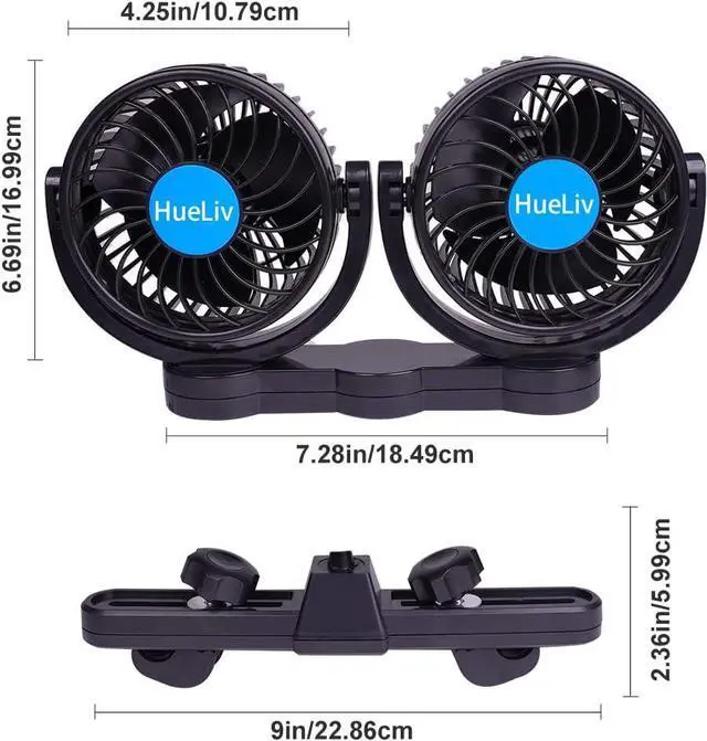 Alt view image 3 of 7 - Car Fan 12V for Backseat | Dual Head Electric Carseat Fan | Portable Brushless Car Fans 360°Rotatable Cooling Rear Seat Vehicle Air Fan with Cigarette Lighter Plug for Truck Van SUV RV Boat