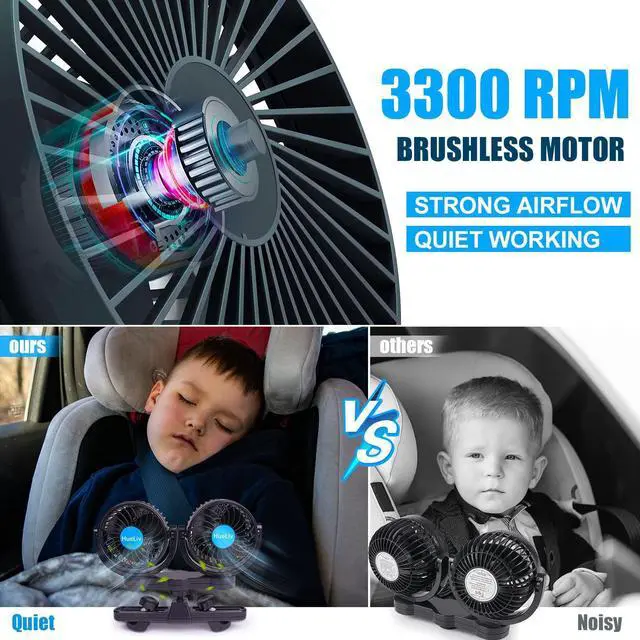 Alt view image 2 of 7 - Car Fan 12V for Backseat | Dual Head Electric Carseat Fan | Portable Brushless Car Fans 360°Rotatable Cooling Rear Seat Vehicle Air Fan with Cigarette Lighter Plug for Truck Van SUV RV Boat