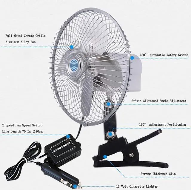 Alt view image 6 of 7 - 12V Portable Car Fan,8 inches RV Cooling Fan 20W All Metal Fan with Clip Cigarette Lighter Plug 2-Speed Switch 180° Auto Rotatable for Golf Cart,Truck,Boat,Buses,Tractor,Camper, Silver