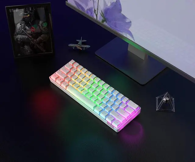 Alt view image 6 of 7 - 60% Bluetooth 5.0/USB Wired Dual Mode Mechanical Keyboard, Pudding PBT Keycaps, 61 Keys Compact Gaming Keyboard, Long Rechargeable Battery Life, USB Type C Cable Included, Brown Switch, White