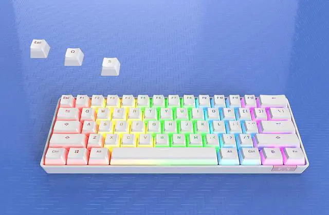 Alt view image 4 of 7 - 60% Bluetooth 5.0/USB Wired Dual Mode Mechanical Keyboard, Pudding PBT Keycaps, 61 Keys Compact Gaming Keyboard, Long Rechargeable Battery Life, USB Type C Cable Included, Brown Switch, White