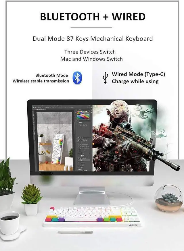 Alt view image 4 of 5 - 80% Bluetooth/Wired Dual Mode Mechanical Keyboard, 87 Keys Compact Computer Keyboard with Brown Switch, RGB Backlight