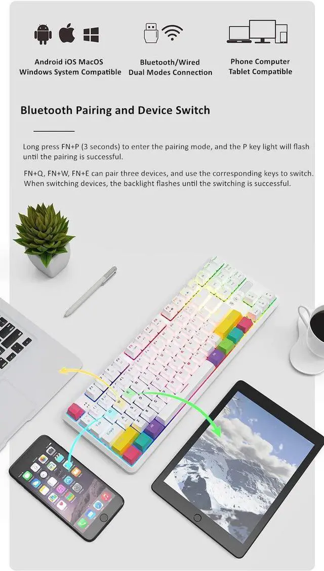 Alt view image 5 of 5 - 80% Bluetooth/Wired Dual Mode Mechanical Keyboard, 87 Keys Compact Computer Keyboard with Brown Switch, RGB Backlight