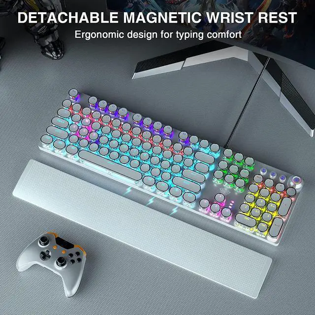 Alt view image 2 of 7 - Typewriter Style Mechanical Gaming Keyboard Blue Switch, with Removable Wrist Rest, Media Control Knob, Rainbow Backlit, Retro Punk Round Keycaps, Full Size Wired Computer Keyboard, White