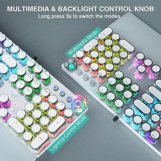 Alt view image 5 of 7 - Typewriter Style Mechanical Gaming Keyboard Blue Switch, with Removable Wrist Rest, Media Control Knob, Rainbow Backlit, Retro Punk Round Keycaps, Full Size Wired Computer Keyboard, White