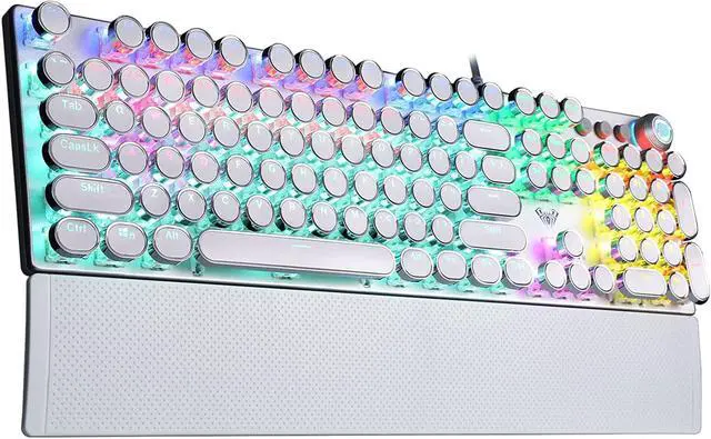 Main image of Typewriter Style Mechanical Gaming Keyboard Blue Switch, with Removable Wrist Rest, Media Control Knob, Rainbow Backlit, Retro Punk Round Keycaps, Full Size Wired Computer Keyboard, White