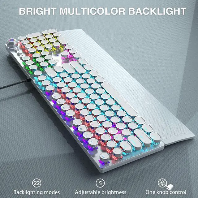 Alt view image 4 of 7 - Typewriter Style Mechanical Gaming Keyboard Blue Switch, with Removable Wrist Rest, Media Control Knob, Rainbow Backlit, Retro Punk Round Keycaps, Full Size Wired Computer Keyboard, White