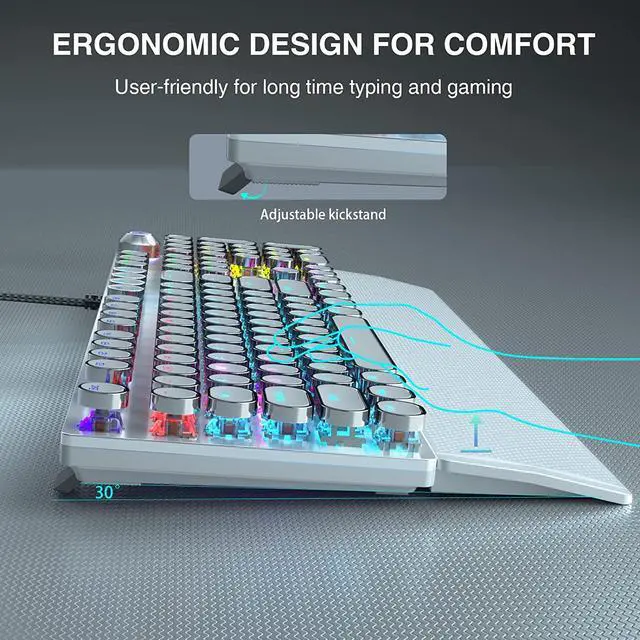 Alt view image 7 of 7 - Typewriter Style Mechanical Gaming Keyboard Blue Switch, with Removable Wrist Rest, Media Control Knob, Rainbow Backlit, Retro Punk Round Keycaps, Full Size Wired Computer Keyboard, White