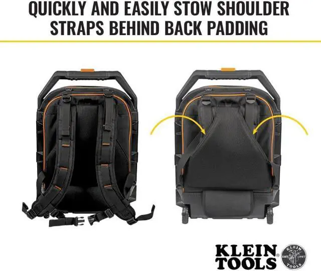 Alt view image 3 of 6 - Klein Tools  Rolling Tool Backpack, Tool Bag with 28 Pockets, Heavy Duty Retractable Handle, Large Tool Storage Interior, 3-Inch Wheels