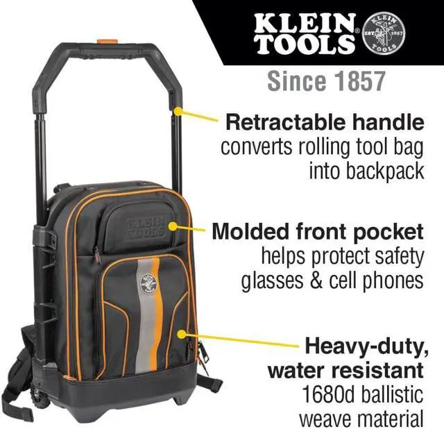 Alt view image 2 of 6 - Klein Tools  Rolling Tool Backpack, Tool Bag with 28 Pockets, Heavy Duty Retractable Handle, Large Tool Storage Interior, 3-Inch Wheels