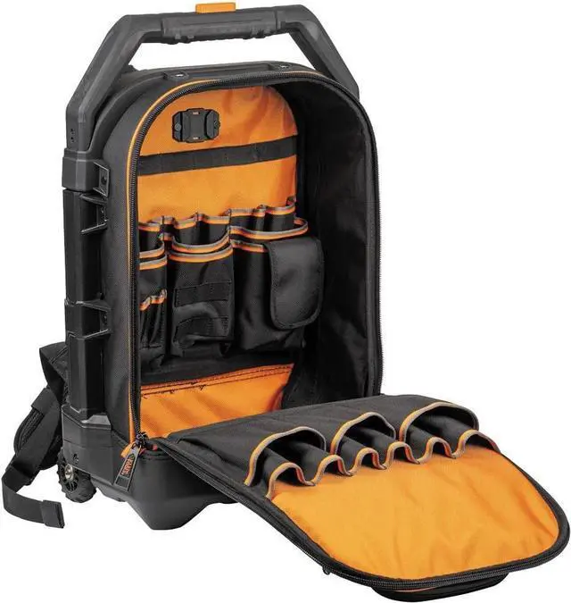 Alt view image 6 of 6 - Klein Tools  Rolling Tool Backpack, Tool Bag with 28 Pockets, Heavy Duty Retractable Handle, Large Tool Storage Interior, 3-Inch Wheels