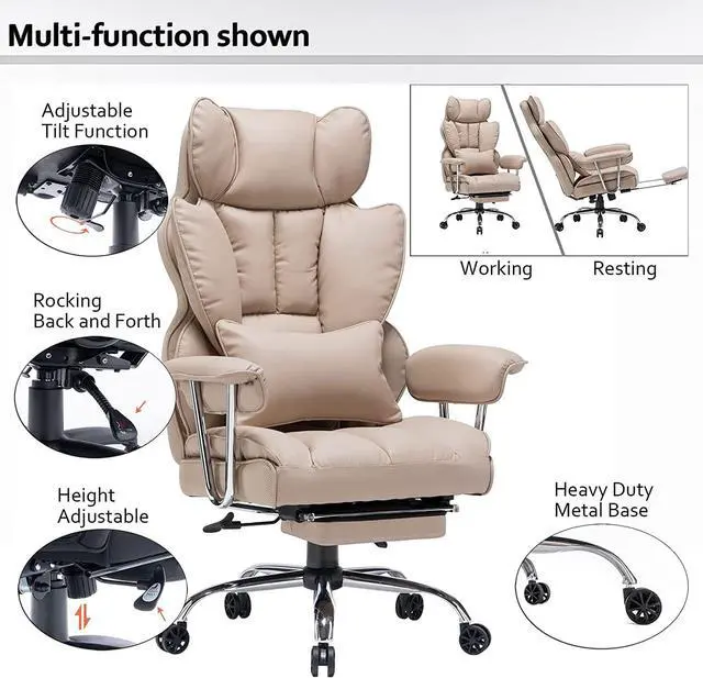 Alt view image 2 of 7 - Desk Office Chair Big High Back Chair PU Leather Computer Chair Managerial Executive Swivel Chair with Lumbar Support (Grey)