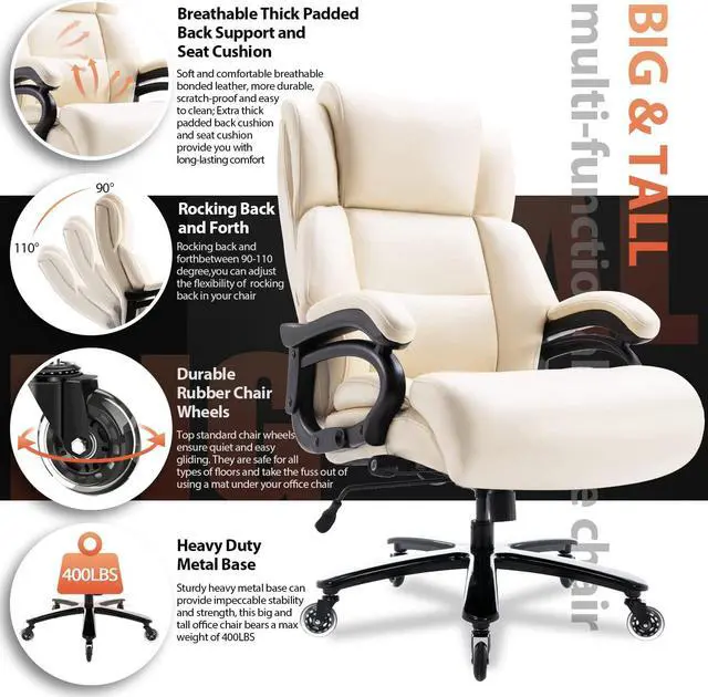 Alt view image 2 of 7 - Big and Tall 400lbs Office Chair - Adjustable Lumbar Support Heavy Duty Metal Base Quiet Rubber Wheels High Back Large Executive Computer Desk Swivel Chair, Ergonomic Design for Back Pain, Beige