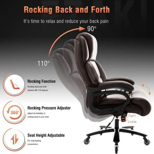 Alt view image 4 of 7 - Big and Tall 400lbs Office Chair - Adjustable Lumbar Support Heavy Duty Metal Base Quiet Rubber Wheels High Back Large Executive Computer Desk Swivel Chair, Ergonomic Design for Back Pain, Brown