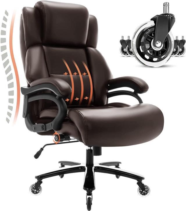 Big and Tall 400lbs Office Chair Adjustable Lumbar Support Heavy Duty Metal Base Quiet Rubber Wheels High Back Large Executive Computer Desk Swivel Chair Ergonomic Design for Back Pain Brown