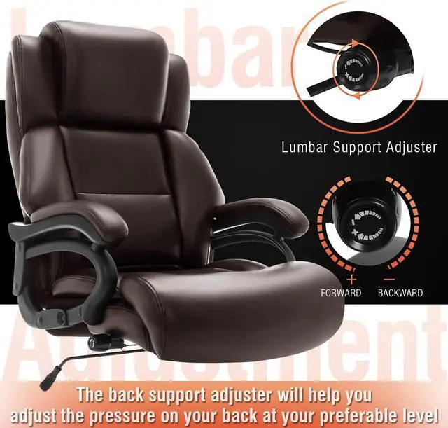 Alt view image 3 of 7 - Big and Tall 400lbs Office Chair - Adjustable Lumbar Support Heavy Duty Metal Base Quiet Rubber Wheels High Back Large Executive Computer Desk Swivel Chair, Ergonomic Design for Back Pain, Brown