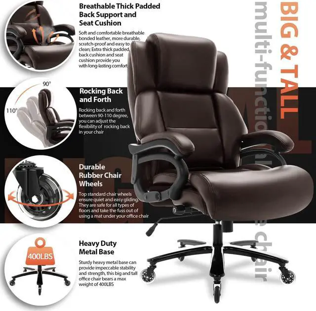Alt view image 2 of 7 - Big and Tall 400lbs Office Chair - Adjustable Lumbar Support Heavy Duty Metal Base Quiet Rubber Wheels High Back Large Executive Computer Desk Swivel Chair, Ergonomic Design for Back Pain, Brown