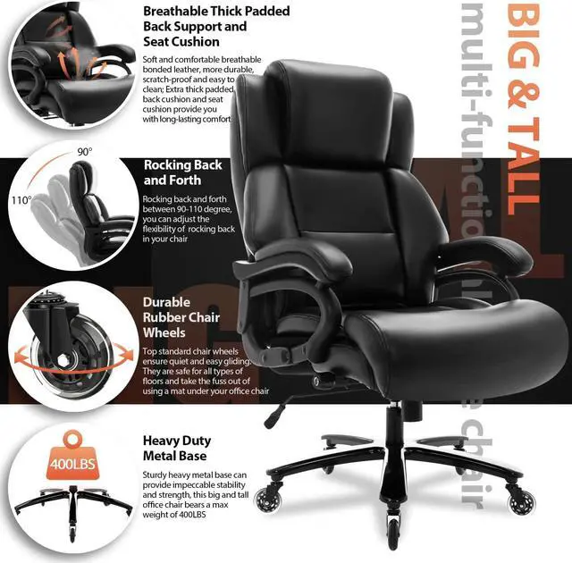 Alt view image 2 of 7 - Big and Tall 400lbs Office Chair - Adjustable Lumbar Support Heavy Duty Metal Base Quiet Rubber Wheels High Back Large Executive Computer Desk Swivel Chair, Ergonomic Design for Back Pain, Black
