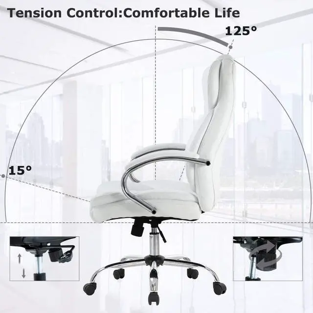 Alt view image 5 of 6 - Ergonomic Office Chair Cheap Desk Chair PU Leather Computer Chair Executive Adjustable High Back PU Leather Task Rolling Swivel Chair with Lumbar Support for Women Men, White