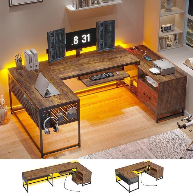 L Shaped Gaming Desk, Reversible U Shaped Computer Desk With File Drawer &  Power Strip, Computer Desk With Led Lights, Keyboard Tray, Pegboard And  Storage Shelf For Home Office, Brown Gaming Desks -