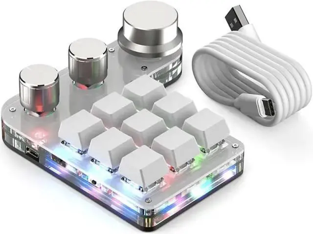 Main image of Copy Paste Keyboard, Wired 9 Keys 3 Knobs Programmable RGB LED Backlit Mechanical Gaming Keypad Mini Custom Macro Keypad with USB Charging Cable for Working - White