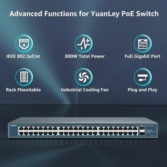 Alt view image 2 of 7 - 48 Port Gigabit PoE Switch Unmanaged with 2 1000Mbps SFP Uplink, 50 Port 802.3af/at 800W High Power PoE+ Network Switch, Metal Rackmount Power Over Ethernet Switch