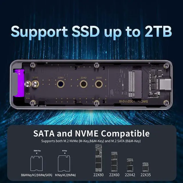 Alt view image 6 of 7 - Visual Smart M.2 NVMe SSD Enclosure,Support 5s PLP Prevents Write Data Loss,USB 3.2 Gen 2 Type-C (10 Gbps), fits NVMe PCIe/SATA NGFF Size 2230/2242/2260/2280,Support M-Key B+M Key UASP