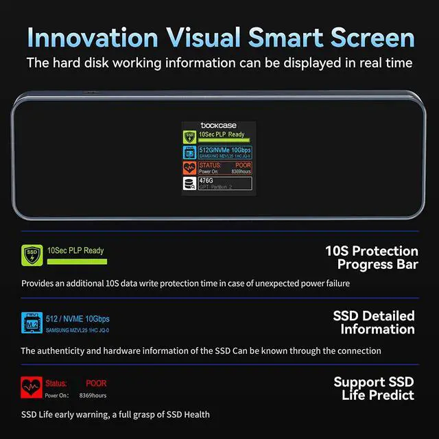 Alt view image 2 of 7 - Visual Smart M.2 NVMe SSD Enclosure,Support 10s PLP Prevents Write Data Loss,USB 3.2 Gen 2 Type-C (10 Gbps),fits NVMe PCIe/SATA NGFF Size 2230/2242/2260/2280,Support M-Key B+M Key UASP
