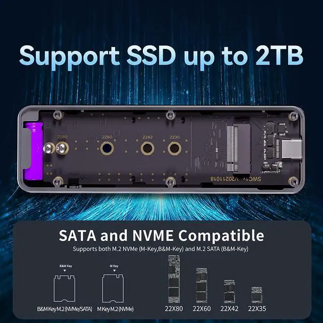 Alt view image 6 of 7 - Visual Smart M.2 NVMe SSD Enclosure,Support 10s PLP Prevents Write Data Loss,USB 3.2 Gen 2 Type-C (10 Gbps),fits NVMe PCIe/SATA NGFF Size 2230/2242/2260/2280,Support M-Key B+M Key UASP