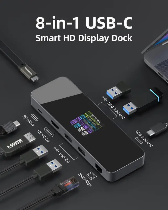Alt view image 2 of 7 - DOCKCASE Visual Smart USB C Hub (8-in-1) with HDMI Port 4K@60Hz, 100w PD Power Delivery, 4 USB-A Data Ports, Gigabit Ethernet Port, 1 10Gbps USB-C Data Port for for MacBook Air/Pro, Ipad Pro,Dell XPS