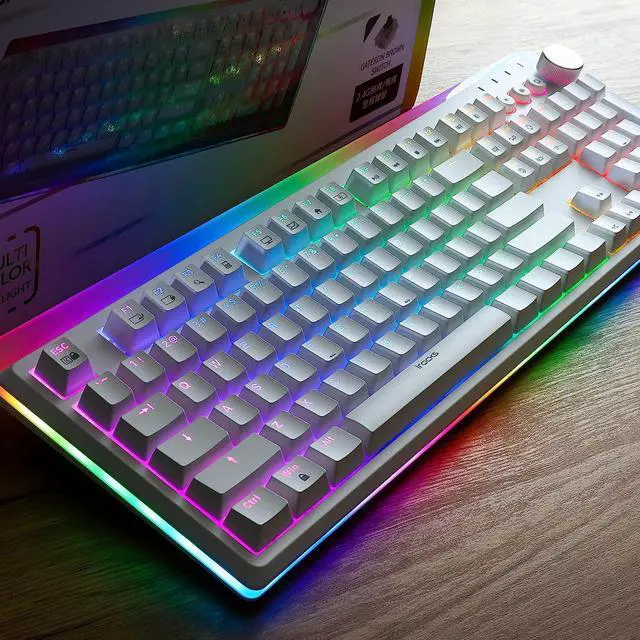 Alt view image 3 of 6 - iRocks K71 Wireless RGB Mechanical Keyboard with Media Control Knob, Gateron Brown Switches, 107 Keys w/Full NKRO, PBT Keycaps, Multimedia Hotkeys, Detachable USB-C Cable, White