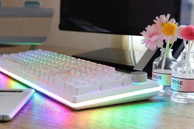 Alt view image 4 of 6 - iRocks K71 Wireless RGB Mechanical Keyboard with Media Control Knob, Gateron Brown Switches, 107 Keys w/Full NKRO, PBT Keycaps, Multimedia Hotkeys, Detachable USB-C Cable, White