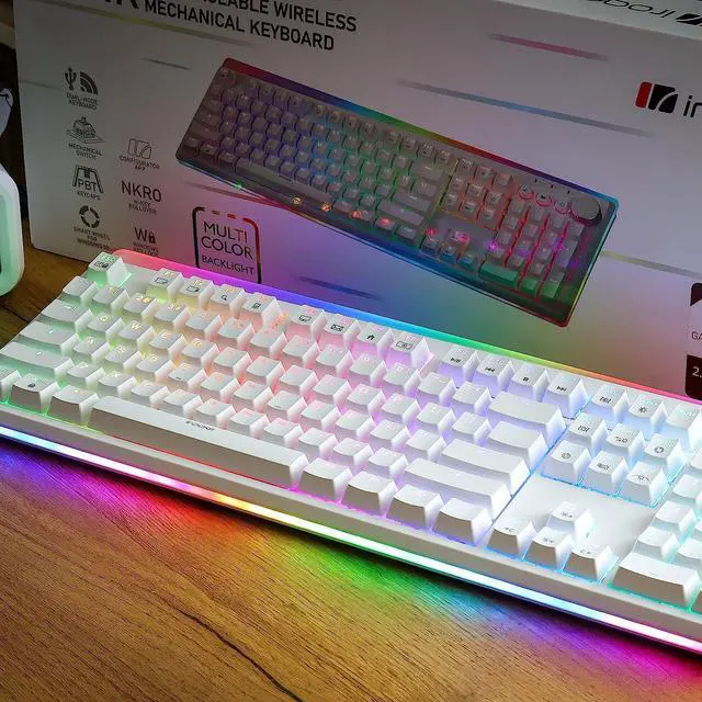 Alt view image 5 of 6 - iRocks K71 Wireless RGB Mechanical Keyboard with Media Control Knob, Gateron Brown Switches, 107 Keys w/Full NKRO, PBT Keycaps, Multimedia Hotkeys, Detachable USB-C Cable, White